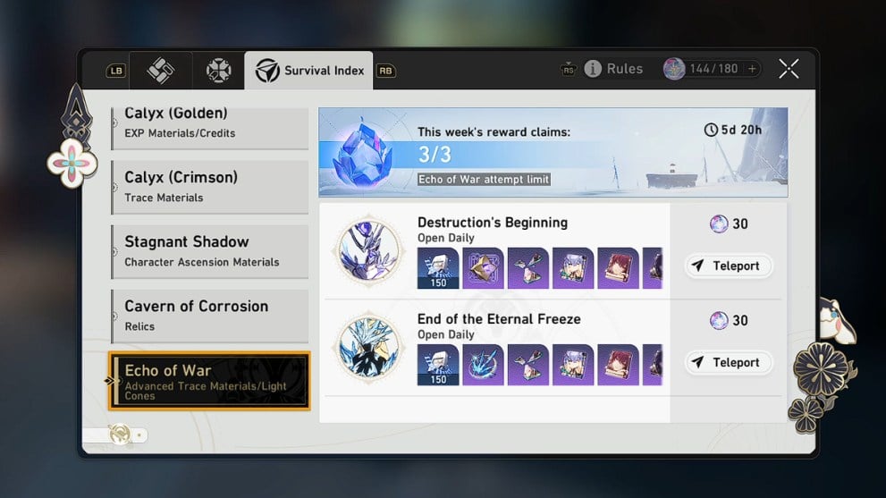 HSR Echo of War menu in Interastral Guide