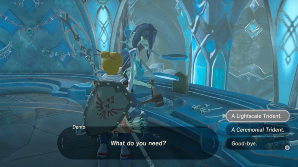 Link speaking to Dento about the Lightscale Trident in Zelda: Breath of the Wild