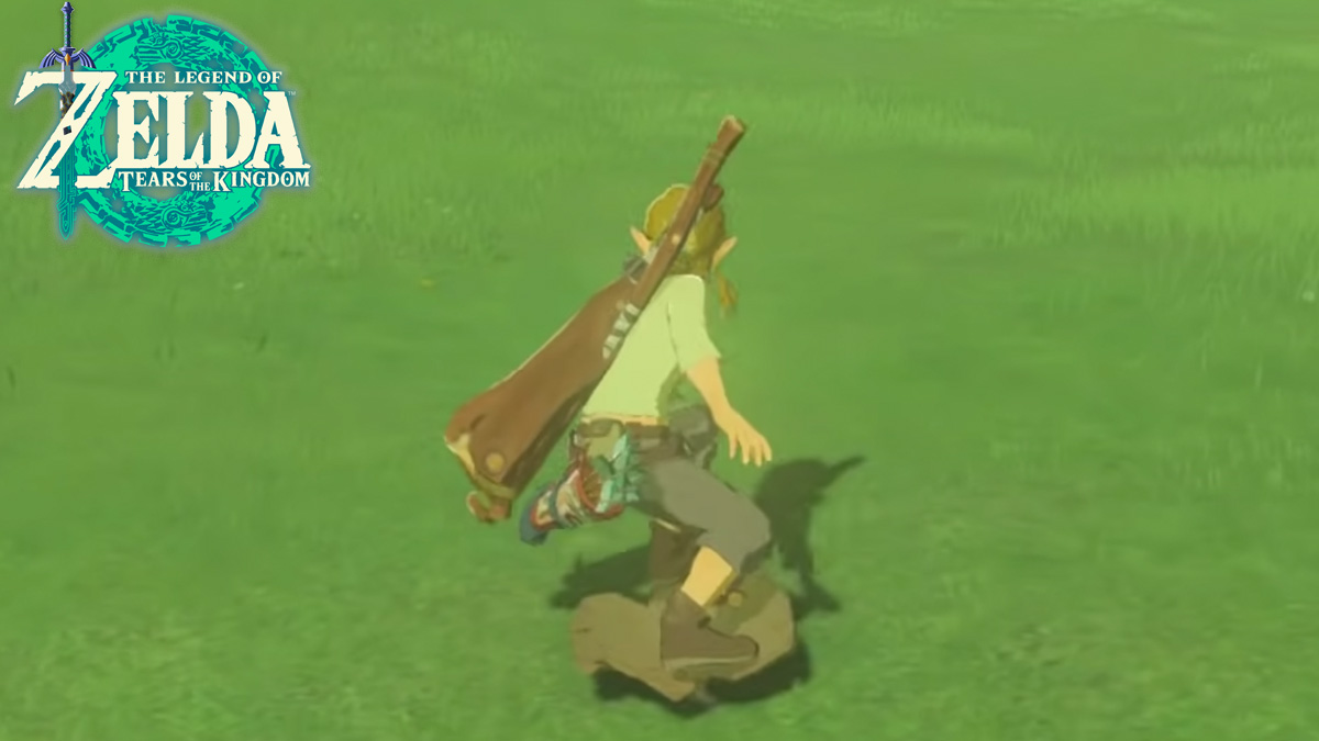 Link shield surfing in Zelda Breath of the Wild, with TOTK logo in top left