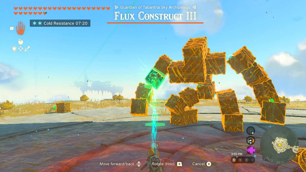 Link grabs Flux Construct's core in Zelda TOTK.