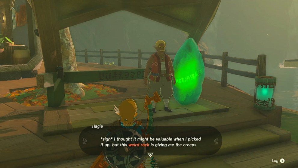 Hagie and Jochi-Ihiga Shrine Green Crystal in Zelda TOTK.